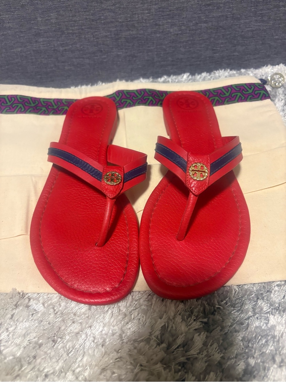 Tory Burch Red Leather Thong Sandals with Navy Trim